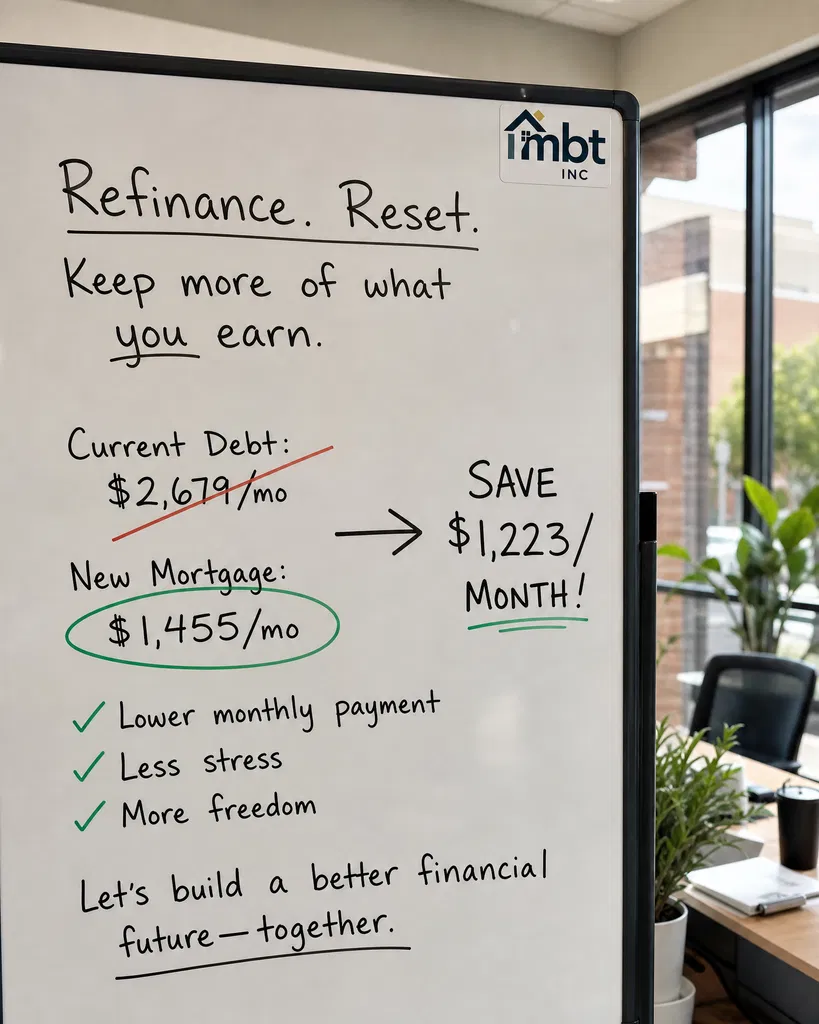 Whiteboard reading Refinance. Reset. Keep more of what you earn, with current debt of $2,679 per month versus a new mortgage of $1,455 per month